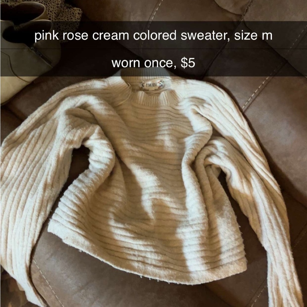 Pink Rose Cream Ribbed Knit Crew Neck Sweater